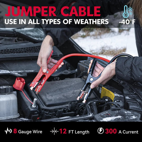 Car emergency jumper cables in engine bay; red and black clamps near the battery, front view