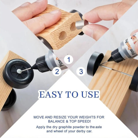Derby Pinewood Car Weights Kit With 14 Cylindrical Tungsten Weights Across 4 Sizes, application of graphite lubricant on axle.