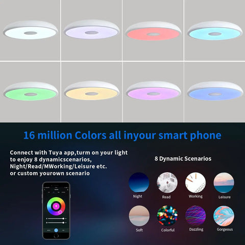 Smart Waterproof LED Flush Mount Ceiling Light With Bluetooth Speaker, 11 Inch 18W RGB Color Changing shown with Tuya App control