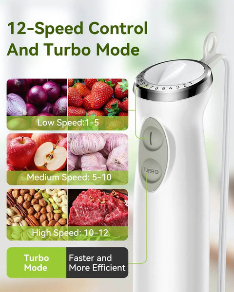 5 In 1 Immersion Blender Handheld System 1000 Watt Motor showing 12-speed control and turbo mode with low, medium, and high speed options.