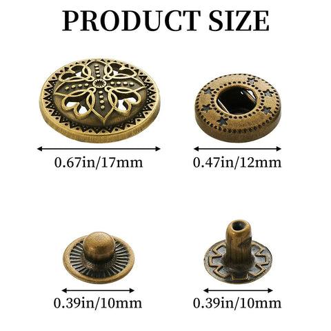 Sizes and components of Brass Snap Button Kit 17Mm Snaps Set Of 10 With Leather Fasteners And 4 Setter Tools for DIY projects.