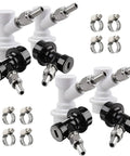Ball Lock Quick Disconnect Set for Home Brewing Kegs With Five Sixteenths Gas Barbs and One Quarter Inch Liquid Barbs Includes Stainless Steel Hose Clamps For Secure Connections and Easy Keg System Upgrades, black and white