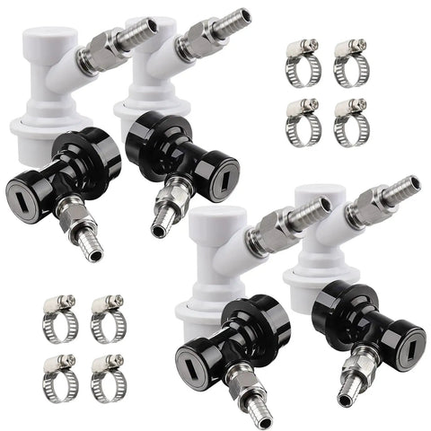 Ball Lock Quick Disconnect Set for Home Brewing Kegs With Five Sixteenths Gas Barbs and One Quarter Inch Liquid Barbs Includes Stainless Steel Hose Clamps For Secure Connections and Easy Keg System Upgrades, black and white