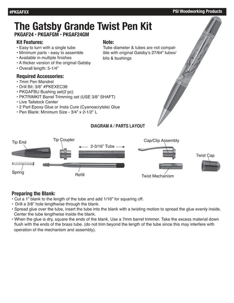 Diagram showing parts layout for Gatsby Grande Twist Ballpoint Pen Kit Starter Pack For Woodturning with hardware and bushing.