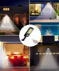 Ultra Bright 120 LED Solar Street Lights Pack illuminating garden, poolside, garage, driveway at night with motion sensor