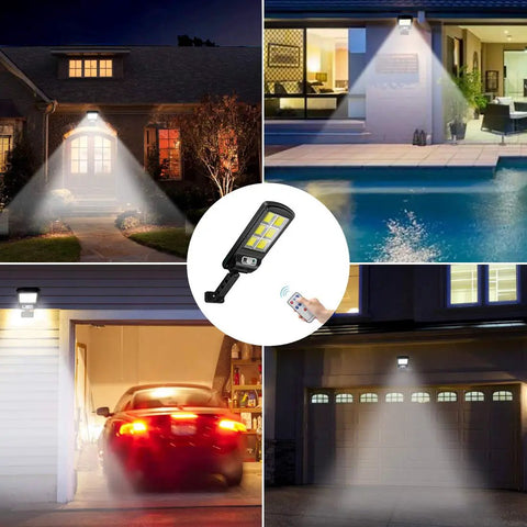 Ultra Bright 120 LED Solar Street Lights Pack illuminating garden, poolside, garage, driveway at night with motion sensor