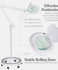 Hands Free LED Magnifying Glass with Adjustable Stand, XL Lens, 5 ft Reach, 6-Wheel Base, Illustrated Features and Dimensions