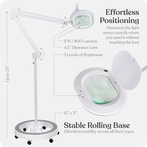 Hands Free LED Magnifying Glass with Adjustable Stand, XL Lens, 5 ft Reach, 6-Wheel Base, Illustrated Features and Dimensions