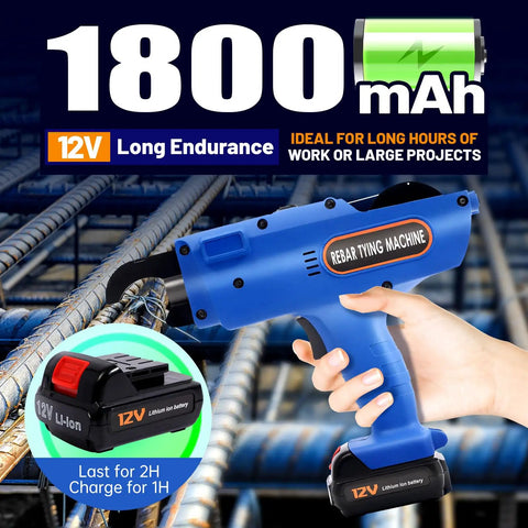 Heavy Duty Automatic Rebar Tying Machine With 1800 Mah Battery Powered Electric Tie Gun for Steel Mesh, featuring a 12V lithium-ion battery.