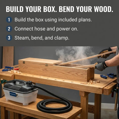 Person using Efficient Wood Bending Kit With Steam Box Plan Hinges And Latch 1.3-Gallon Generator to bend wood.