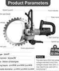 Professional Grade Handheld Concrete Circular Saw With 6000W Brushless Motor and Integrated Dust Extractor side view with features marked.