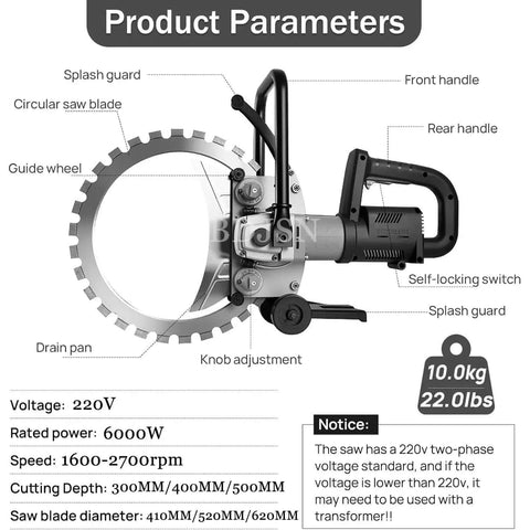 Professional Grade Handheld Concrete Circular Saw With 6000W Brushless Motor and Integrated Dust Extractor side view with features marked.