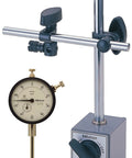 Mitutoyo dial indicator on a metal magnetic stand with crossbar; front view, 1" travel, 0.001" graduation