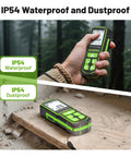 Straight Up Legit Bluetooth Laser Distance Meter With Angle Sensor Delivers Rock Solid Accuracy Over 395 Foot Range in hand outdoors.
