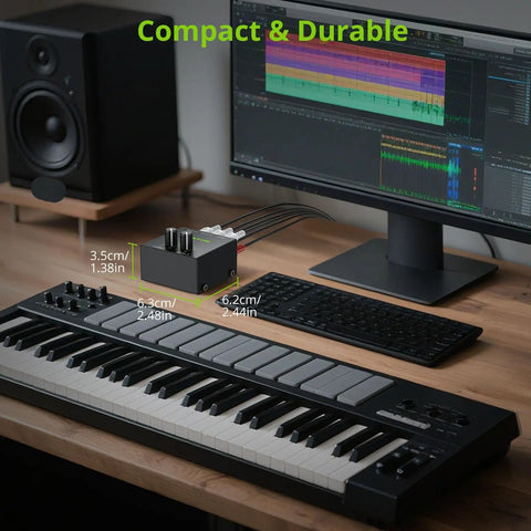 Compact dual channel stereo mixer for computer and console setup with gold-plated RCA jacks next to a keyboard and monitor