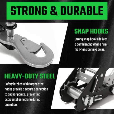 Close-up of snap hooks and ratchet mechanism on Beefy Four Pack Car Tie Down Straps For Trailers With O Rings And Ratchets 2 Inch