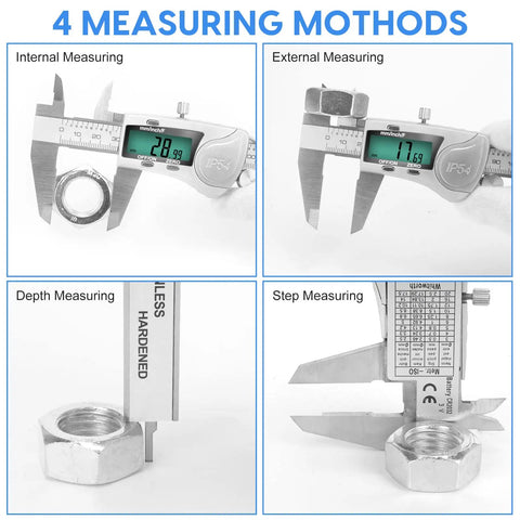 IP54 Waterproof Digital Caliper Tool No Frills With Large LCD Screen Stainless Steel Vernier Caliper For 0 To 6 Inches Inch Metric Fraction Conversion Electronic Micrometer Caliper For DIY And Home Projects showing internal, external, depth, and step measuring.