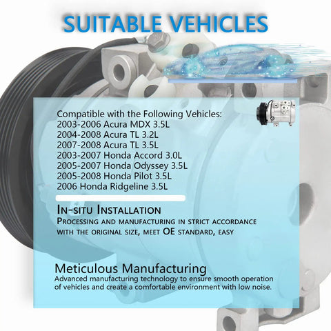Heavy Duty AC Compressor For 2005 To 07 Honda Odyssey Accord Pilot Crank Fits Acura MdX Tl OEM 38810RCCA01 CO 10736C detailed compatibility chart