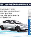 Tesla Pearl White PPSW Touch Up Paint Kit For Rock Chips And Scratches pen beside Tesla car, text highlights features.