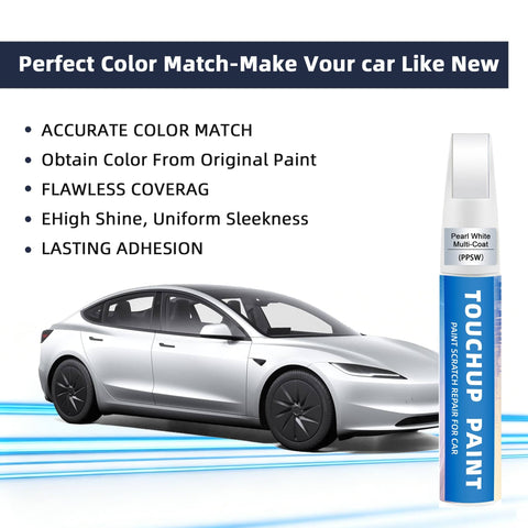 Tesla Pearl White PPSW Touch Up Paint Kit For Rock Chips And Scratches pen beside Tesla car, text highlights features.