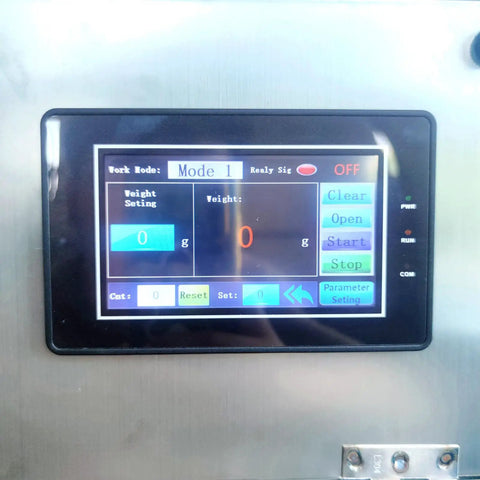Automatic Stainless Steel Powder Filling Machine Fits Coffee Beans Tea Seeds Nuts And Rice With Top Shelf Infrared Weighing control panel display.