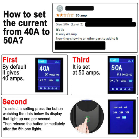 Instructions for adjusting Go To Level 2 EV Charger For All North American EVs Fast 50 Amp 240 Volt Home Charger settings from 40A to 50A.