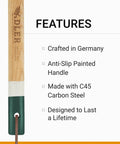 Heritage Garden Fork For Weeding And Digging, wooden handle, green tip, product features listed, made with C45 carbon steel
