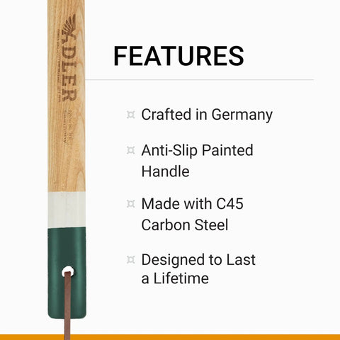 Heritage Garden Fork For Weeding And Digging, wooden handle, green tip, product features listed, made with C45 carbon steel