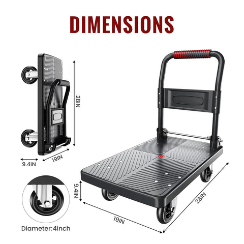Dimensions of the Upgraded Foldable Push Cart Dolly With 660 Lb Capacity Heavy Duty Moving Platform Hand Truck with 4 In PU Wheels.