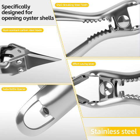 Stainless Steel Handheld Oyster Shucking Kit with Pro Grade Shucker featuring steel teeth and soda bottle opener