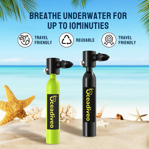 Green and black Mini Scuba Tank Pony Bottle With Adapter For Underwater Practice Snorkeling And Shallow Water Diving on sand