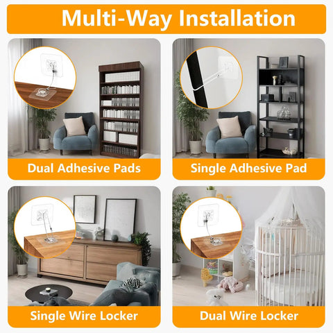 Multi-way installation of No Drill Metal Wall Anchors Bombproof Furniture Brackets for baby proofing, showing various setups.