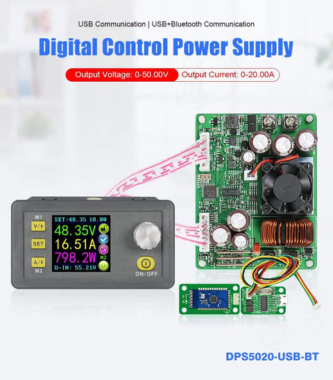 Digital display of 6 To 60V To 0 To 50V 20A DC Buck Converter Module With Voltmeter And USB Bluetooth Case Included.