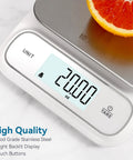 Waterproof IPX6 Kitchen Scale With Backlit Display, showing 20 oz on digital screen, stainless steel platform with orange slice.