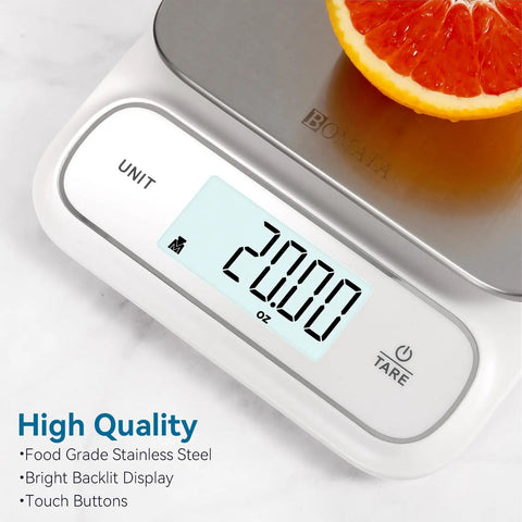 Waterproof IPX6 Kitchen Scale With Backlit Display, showing 20 oz on digital screen, stainless steel platform with orange slice.