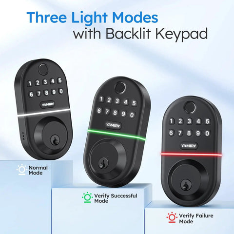 Electronic Keypad Deadbolt With Fingerprint Door Lock And Keyless Entry For Front Door Smart Digital Lock With Easy No Drill Installation And Two Times Larger Recognition Area Fits Most American Wood Doors showing three light modes.