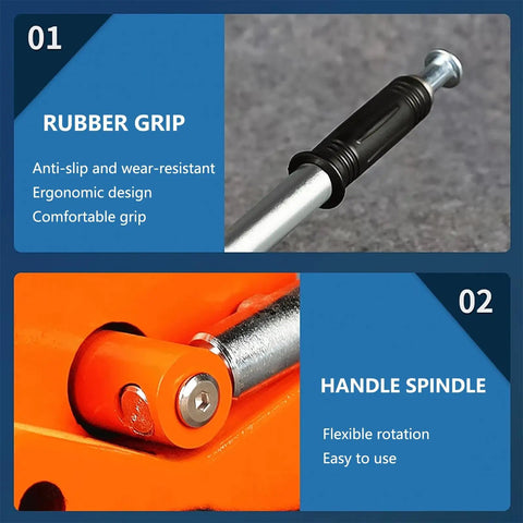 Close-up view of ergonomic rubber grip and handle spindle on Industrial Magnetic Lifter With Bulletproof Grip And No Sweat Quick Release Lever.