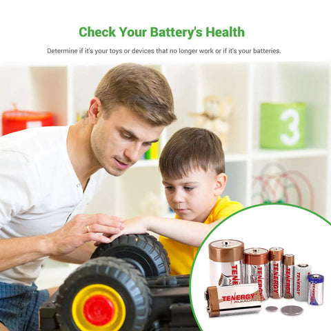 Father and son using All In One Battery Tester With LCD Display For AA AAA C D 9V And More Handy Cell Checker with batteries