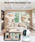 Living room view with 2K Indoor Security Camera System With 360 Degree Coverage, Smart Baby Monitor And Pet Camera For Home Surveillance
