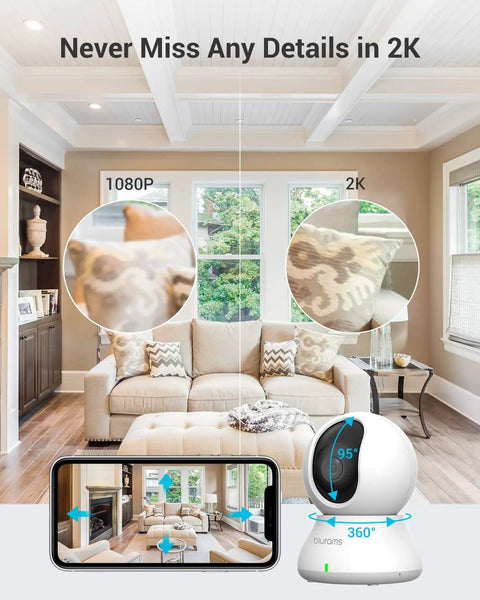 Living room view with 2K Indoor Security Camera System With 360 Degree Coverage, Smart Baby Monitor And Pet Camera For Home Surveillance
