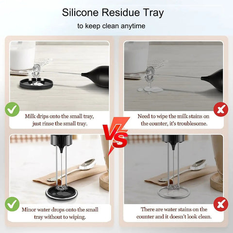 Comparison of Electric Handheld Milk Frother With Stand For Coffee At Home showing silicone tray preventing counter stains.