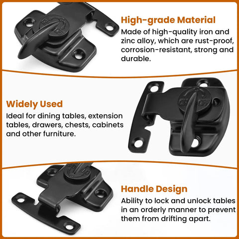 Black Table Leaf Latch Lock Hardware Kit With Mounting Screws For Folding Dining Tables Easy Peasy Install Straight Up Secure Connector, close-up showing handle design and high-grade material.