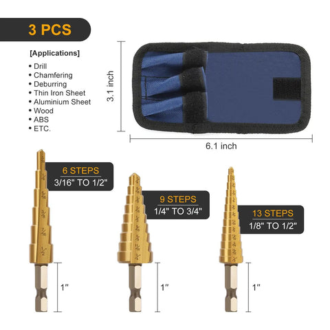 Step Drill Bit Set Three Piece HSS Titanium Coated High Speed Steel Bits With Twenty Eight Sizes and case, showing drill bit sizes.