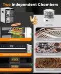 Comparison of two food dehydrators showcasing metal trays and separate temperature controls of Top Shelf Workhorse Food Dehydrator Featuring 12 Sturdy Steel Trays And Precise Heat Controls Plus Marathon Timer For Tender Jerky Crisp Dried Fruit Savory Veggies And Premium Dog Treats.