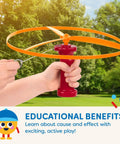 Child holding Skyrocopter Flying Disc Toy Set With Two Launchers And Four Discs For Outdoor Play This Helicopter Themed Summer Toy