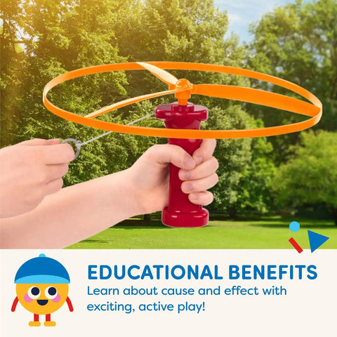 Child holding Skyrocopter Flying Disc Toy Set With Two Launchers And Four Discs For Outdoor Play This Helicopter Themed Summer Toy