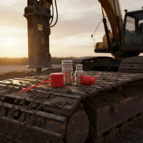 Heavy Duty Hydraulic Quick Connect Coupler Set With Fittings For Construction Gear Ensures Leak Resistant Connection Made From High Strength Steel To Handle Rough Ops Gives Solid Reliability For Your Excavator Loader Hydraulics Where Top Crews Go Hard. on excavator tracks with red dust caps