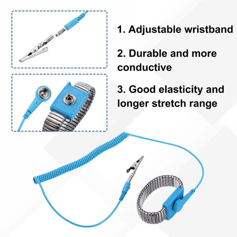 5 Pack Blue Anti Static Wrist Straps With Alligator Clip, 1.8m Adjustable ESD Safe Wristbands in close-up with details