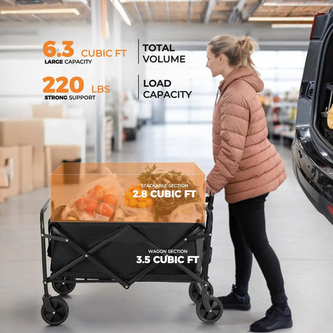 Heavy Duty Collapsible Wagon With All Terrain Wheels And Drink Holders 220 Lbs Capacity Foldable Utility Cart in use for groceries