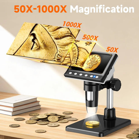 4.3 Inch HD Digital Coin Microscope With IPS Display, 1980P Clarity, One Click Photos And Videos, Dope Coin Magnifier For Collectors And Hobbyists, Portable Desktop Microscope For Sharp Close Ups And Detailed Analysis showing coin magnification